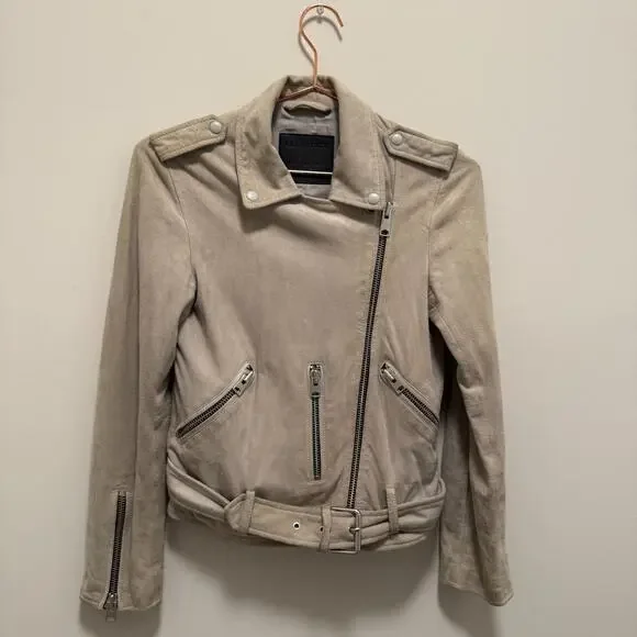 Allsaints Womens Suede Balfern Biker Jacket 2 Warm Taupe Quiet Luxury Western - Picture 2 of 11